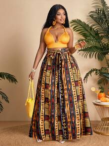 BIUBIU Women's Plus Size Vacation Wear,Tight-Fitting Halterneck Halter Top & Wide Leg Pants Two Pieces Set, Summer (Random Print)