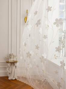 1 pieza Cortina translúcida con bordado floral, color crema estilo romántico francés, adecuada para sala de estar y dormitorio