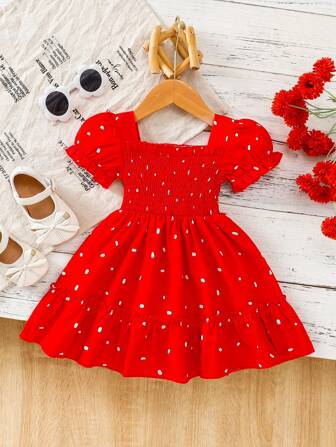 Vestido mini casual para niñas con cuello cuadrado y mangas abullonadas, regalo perfecto para fiestas de primavera/verano