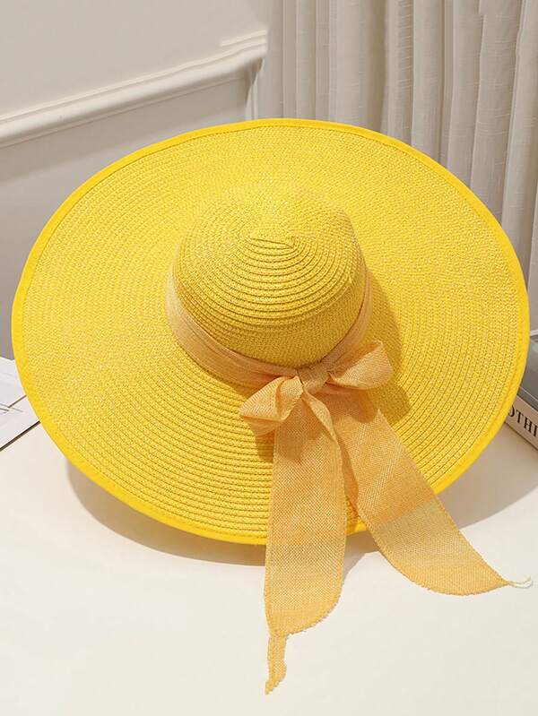 Plus Size Solid Color Bowknot Decor Sunhat, Casual Beach Straw Hat, Polyester Fabric, UV Protection, Suitable For Spring, Summer, Autumn