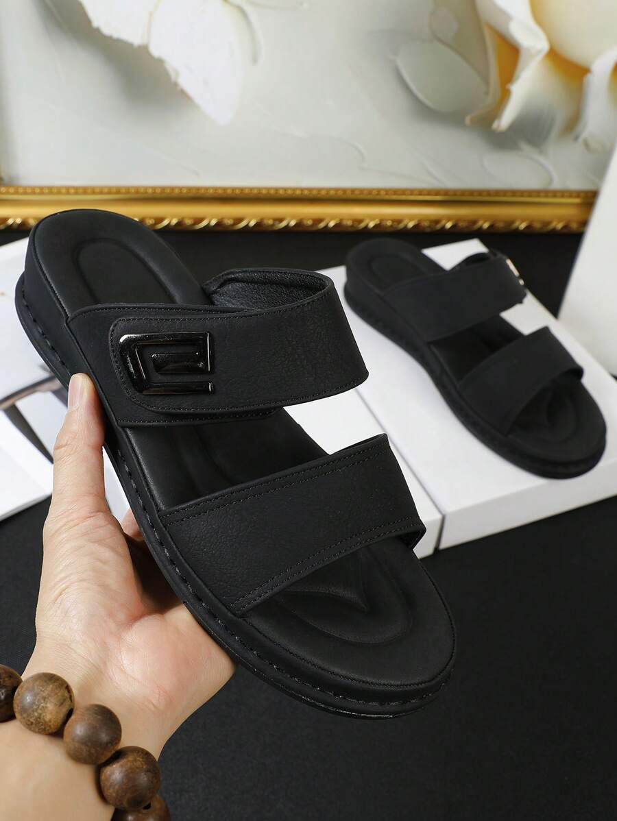 Men's Double Strap Design: Soft Bottom Comfortable, Thick Outsole With Rough Line, Adjustable Non-Slip, Fashionable And Personalized, Buckle Slip-On, Summer Travel Essentials - Black - View 1