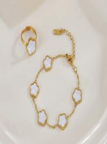 2pcs/Set Stainless Steel 5-Petal Flower Bracelet & Ring Set, Elegant Design For Everyday Wear - Five-leaf Flower - View 3