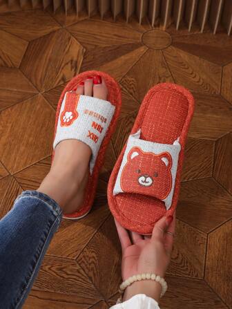 Women's Cute Lucky Bear Linen Slippers, Breathable Comfortable For Home & Bedroom, Suitable For All Seasons