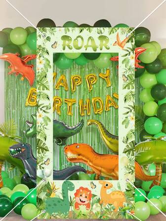 1 pezzo Sfondo in tessuto con cornice fotografica a motivo carino di dinosauri - Telo in poliestere per festa della giungla con dinosauri cartoni animati, palloncini e vegetazione tropicale - Perfetto per decorazioni per compleanni, fotografia, accessori e eventi a tema dinosauri