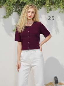 Women's Solid Color Cardigan Short Sleeve Round Neck Button Down Sweater Knit Tops - Burdeos - Ver 2