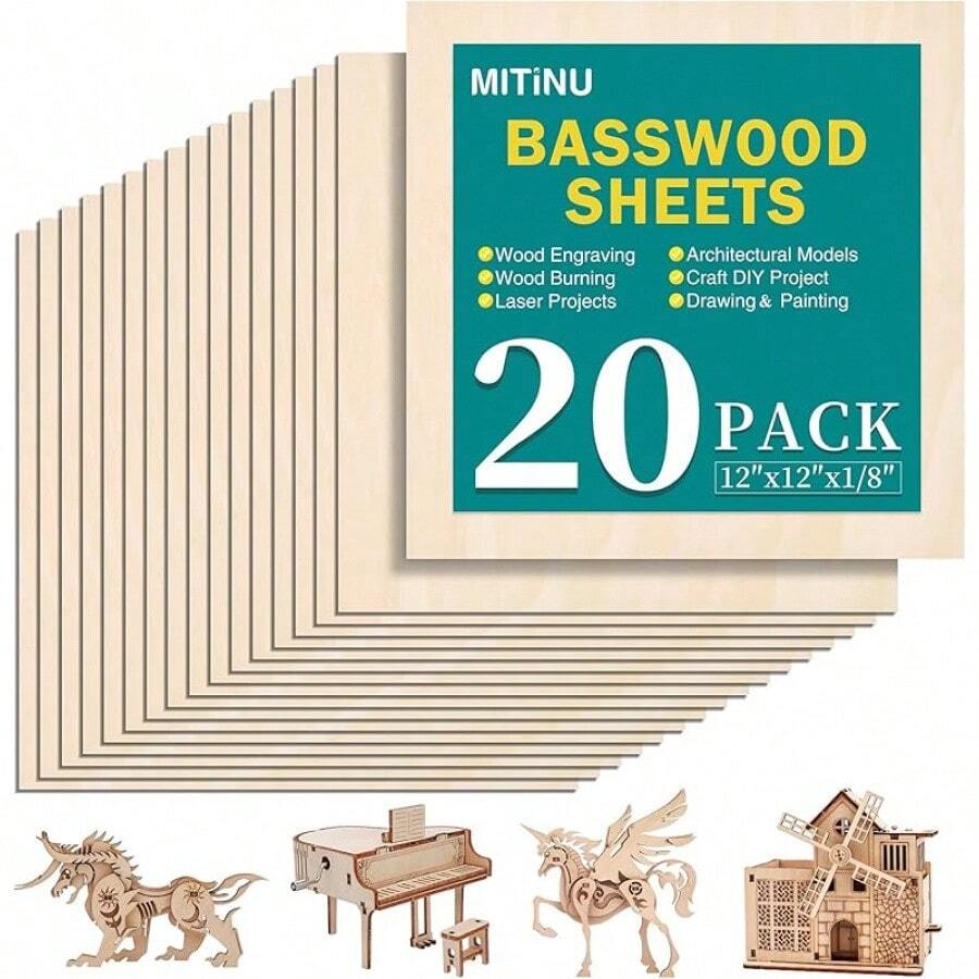 50 Pack Basswood Sheets For Crafts,12"X12"X1/8" 3mm Thick Plywood Sheets With Smooth Surfaces-Unfinished Squares Wood Boards For Laser Cutting, Wood Burning, Architectural Models, Staining - 20包 - 查看 1
