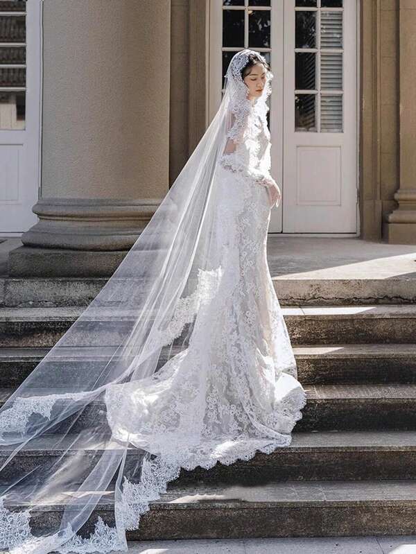 1pc 3 Meters Long Romantic Eyelash Lace Wave Edge Veil, Bridal Wedding Photo Prop Veil, Accessory For Wedding Gown Fall Clothes For Women