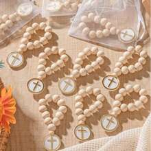 木制散装木制天主教念珠白色网袋适用于洗礼第一次新娘送礼会男士女士