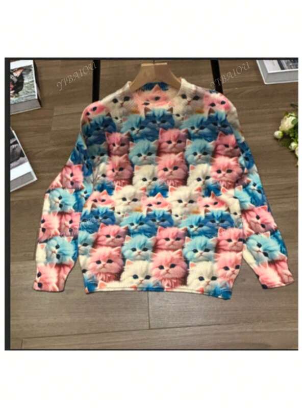 Women's 3D Cat Head Print Knitted Sweater