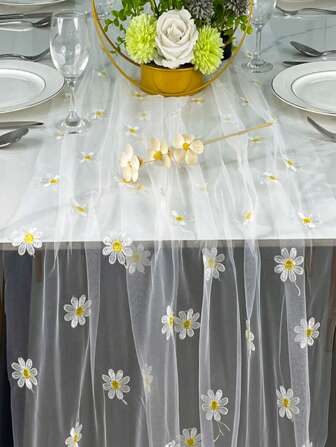 Daisy Flower Mesh Embroidered Fabric Table Runner, White Sheer Lace Embroidery For Wedding Dress DIY Sewing Decoration Craft, Party Wedding Banquet Home Decor