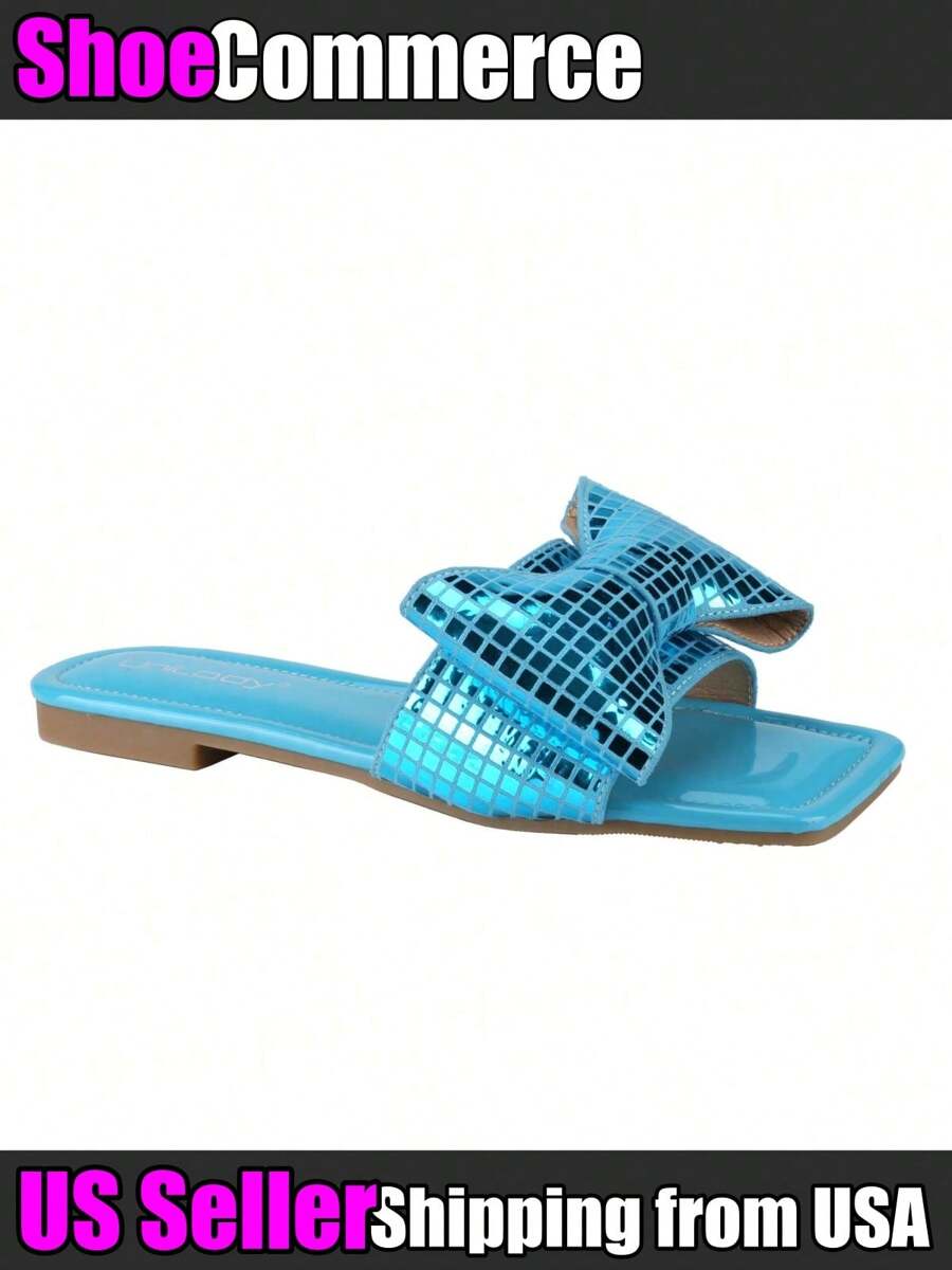 Women's Bow Knot Slide Sandals Slip-On Open Toe Flat Sandals Bow Decor Mules Slides Slippers Spring Summer Fashion Casual Vacation Beach Shoes - 藍色 - 查看 1