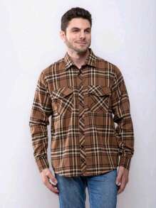 Men's Long Sleeve Plaid Flannel Shirt - 鏽棕色 - 查看 2