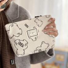 1pc Cute Bear Retro Simple Corduroy Makeup Bag Hand In Hand For Bag Storage,For Holiday Beach, Bathroom Collection, Bedroom Collection, Large Capacity - Multicolor - View 4