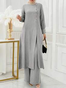 Women Button Design Long Sleeve Top And Pants Set, Arab Style Outfit,Modest - Light Grey - View 1