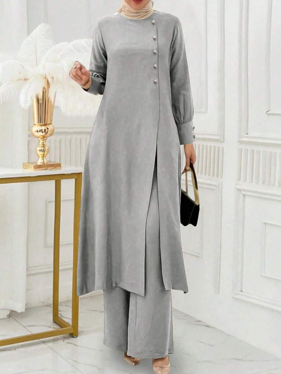 Women Button Design Long Sleeve Top And Pants Set, Arab Style Outfit,Modest - Light Grey - View 1