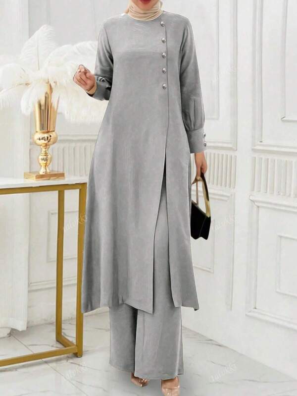 Women Button Design Long Sleeve Top And Pants Set, Arab Style Outfit,Modest