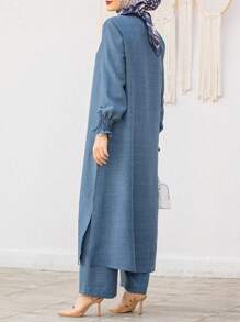 2 Stücke Freizeit-Set: Rundhalsausschnitt, einfarbiges Cardigan-Oberteil und lange Hose mit elastischer Taille, elegantes Outfit für Gartenparty, Pendeln, Arbeit, Frühling/Sommer/Herbst, bescheiden