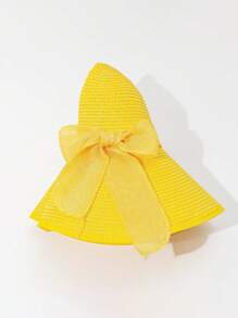 1pc Solid Color Yellow Bow Straw Sun Hat, Spring/Summer Fashion Wide Brim Straw Cap For Outdoor Travel Beach Sun Protection - Yellow - View 5