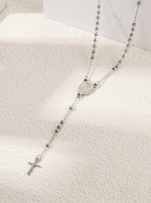1pc Fashionable Stainless Steel Bead Decor Cross Pendant Necklace For Women For Daily Decoration