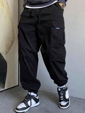 男士休闲抽绳工装裤，蓝色缎带装饰，秋季