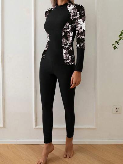 Casual And Sexy Women's Round Neck Floral Print Long Sleeve Tankini With Zipper And Medium Stretch Pants For A Stylish Look