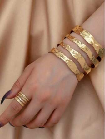 1 件金色开口袖口手镯 + 1 件开口戒指金属叶风格，简约时尚，适合女性、派对/礼物