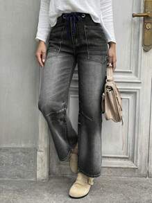 Women's Casual Drawstring Pocket Straight Leg Jeans - Grey - View 8