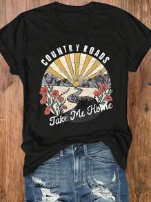 Camiseta casual de manga corta y cuello redondo con estampado gráfico "COUNTRY ROADS Take Me Home" y estampados de amanecer y flores para talla grande