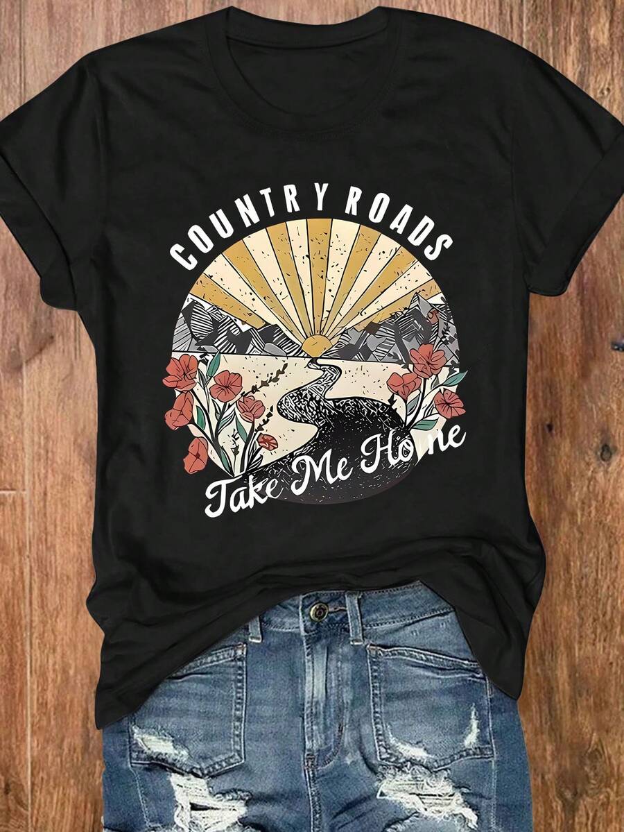 Camiseta casual de manga corta y cuello redondo con estampado gráfico "COUNTRY ROADS Take Me Home" y estampados de amanecer y flores para talla grande