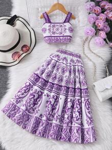 Young Girl' Retro Sleeveless Top And Long Skirt 2Pcs Set, Summer