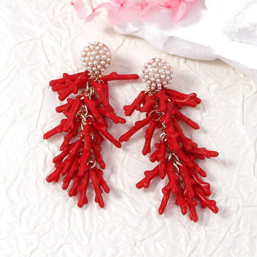 PHCOO 1 Pair Unique Creative Coral Design Earrings, Micro-Inlaid Faux Pearl Marine Bionic Earrings - Coral Earrings - View 1
