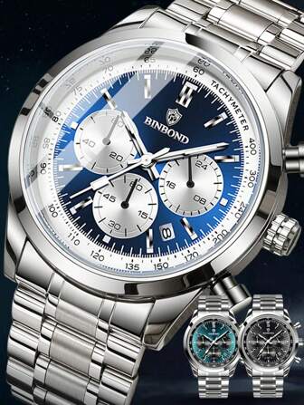 男士计时石英腕表日历不锈钢手表防水夜光指针功能，节日/父亲节男士礼物黑色手表