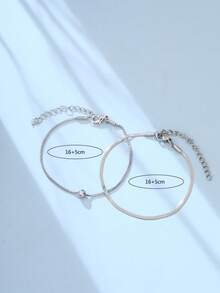 2pcs Set Silver Minimalist Stainless Steel Blade Chain & Venetian Chain With Copper Bead Bracelet, Suitable For Daily Wear - Silver - View 5