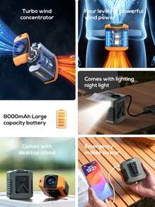 ViSSKO Ventilador de cintura resistente para homens - 4 velocidades, bateria de 8000 mAh, lanterna e saída de energia USB