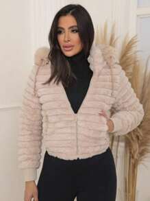 WOMEN'S PUFFER TEDDY JACKET WITH FUR AND HOOD, STYLISH AND COMFORTABLE, PREMIUM PIECE - 米色 - 查看 4