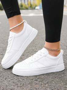 Giày thể thao da buộc dây màu trắng mới cho nữ, giày thể thao đế dày mũi tròn cổ thấp, giày vải canvas thoáng khí chống trượt thời trang dành cho học sinh - trắng - Xem 4