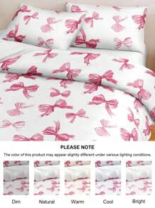 2/3 pièces Set de couette imprimé numérique polyester à motif nœud rose, style princesse mignon pour filles, pour utilisation toutes saisons dans la chambre. Fermeture éclair, lavage machine (1 couette + 1/2 taies d'oreiller)