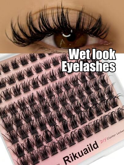 Rikuaild 96pcs Clustered Individual Wet Lashes, D Curl Fluffy Mink Lashes, Wet Manga Lashes, Messy Effect, Suitable For Daily Wear, Natural Makeup Look