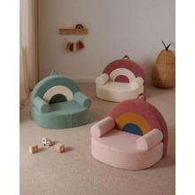 Toddler Chair Comfy, Foam Kids Chair With Soft Teddy Plush, Toddler Reading Armchair With Cute Rainbow Designs,Light Cream