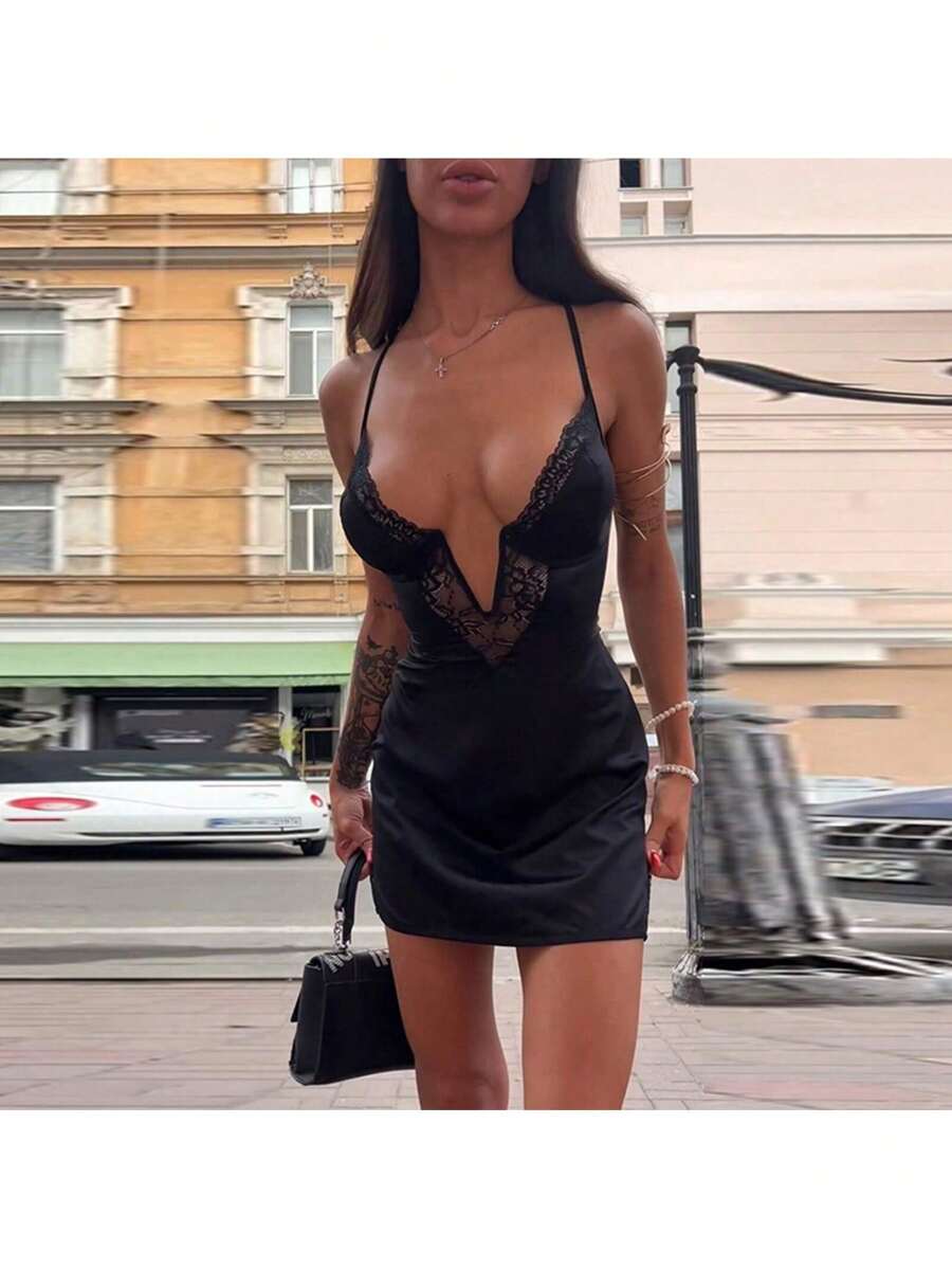 Women Sexy Bodycon Mini Dress Deep V Neck Low Cut Open Criss Cross Back Sleeveless Side Slit Mini Slip Dress