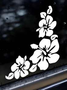 白色芙蓉花车窗贴纸，装饰性热带海滩海浪设计，为您的汽车增添清新夏日气息 - 白色 - 查看 1