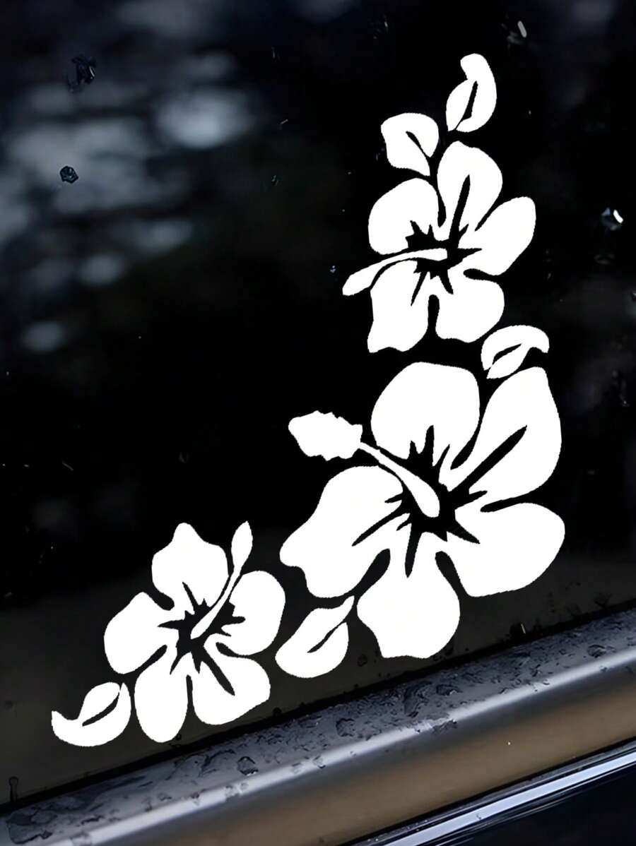 白色芙蓉花车窗贴纸，装饰性热带海滩海浪设计，为您的汽车增添清新夏日气息 - 白色 - 查看 1