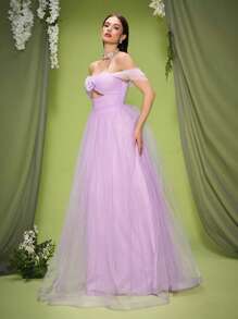 Mgiacy,New Arrival,Off Shoulder,Shining,Mesh Ruched,Elegant,3D Floral,Romantic,Bridesmaid Dress,Long Dress - Purple - View 4
