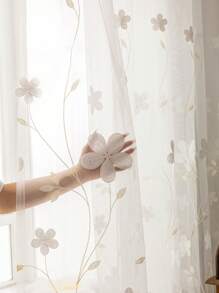 1 pieza Cortina translúcida con bordado floral, color crema estilo romántico francés, adecuada para sala de estar y dormitorio