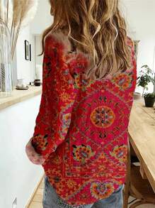 Plus Size Women's Clothing With Geometric Floral Print Pattern Shirt - Red - View 2