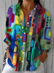 Camisa de moda con estampado de arte geométrico para mujer de talla grande