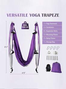 18pcs/Set Aerial Yoga Swing Hammock Kit With Strong Yoga Hammock, Trapeze Inversion Equipment Including Extension Straps And Ceiling Mounting Hardware - Violet and White - View 6