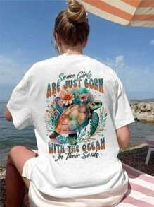 女士新款短袖圆领T恤，夏季连衣裙休闲T恤，带有海龟印花图案，甜美温柔的夏季上衣，适合日常休闲穿着，女士度假装，女士夏季装，女士图案T恤