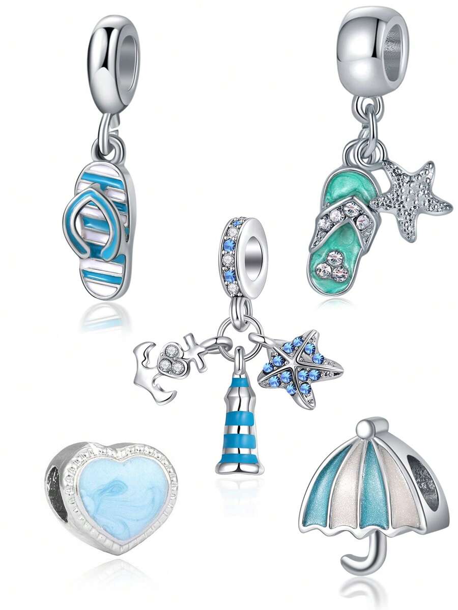 1PC Zinc Alloy Diamond-Set Blue Love Seaside Beach Starfish Flip-Flops Sunshade Umbrella Holiday Element Beaded Pendant Jewelry Jewelry DIY Pendant & Suitable For Multi-Scene Multi-Purpose Pendant For Wedding Couples Wife - Multicolor - View 1