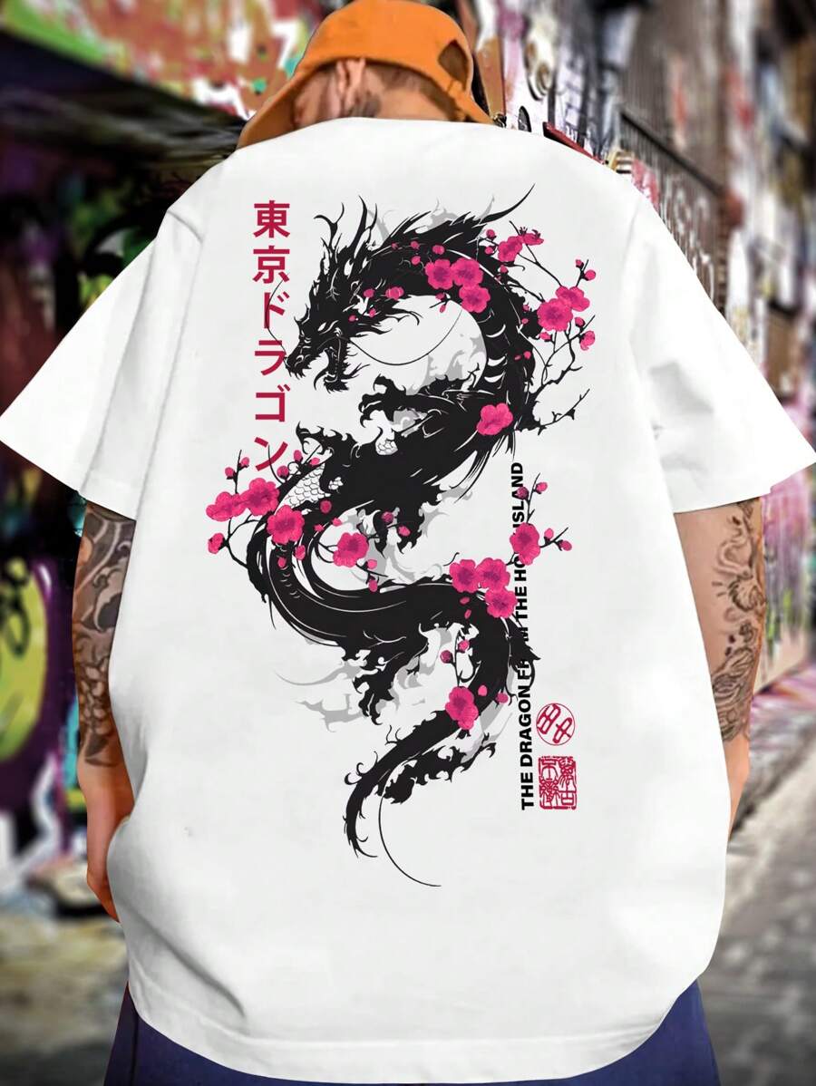 Anime Men Japanese Writing Dragon Graphic Y2k T-Shirt